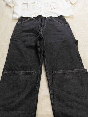 Unbranded 2-Piece White Utility Button-Up Shirt & Black Wide Leg Pants Set Size